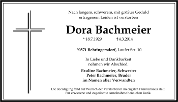 Traueranzeige von Dora Bachmeier von Pegnitz-Zeitung